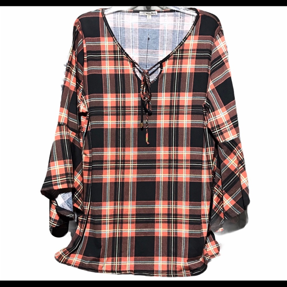 NWT Ultra Teeze Orange plaid flared arm blouse XL